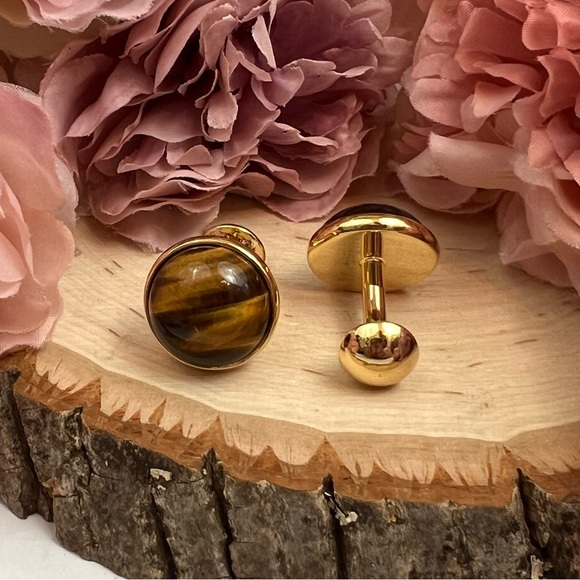 Elegant Round Brown & Gold Striped Tiger’s Eye Cufflinks - Picture 9 of 17